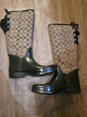 Coach Signature Canvas and Rubber Rain Boots in Forest Green
